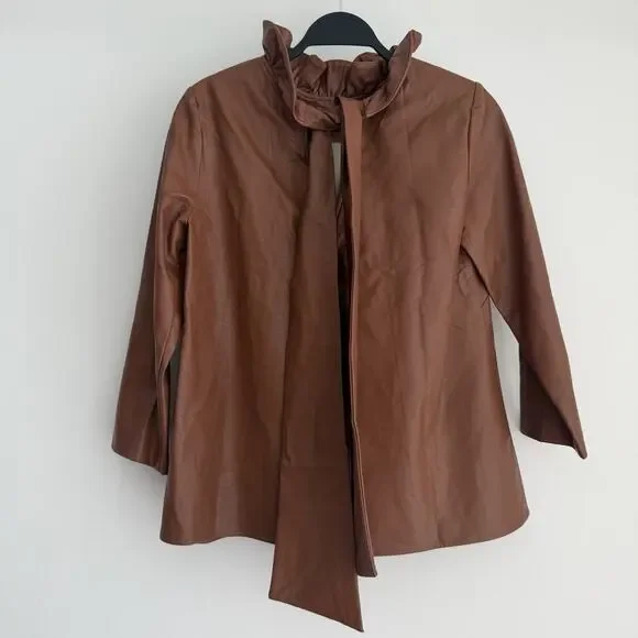 Tuckernuck Top Womens Small Brown Faye Faux Leather Blouse Ruffle Minimal Luxury - Picture 3 of 7